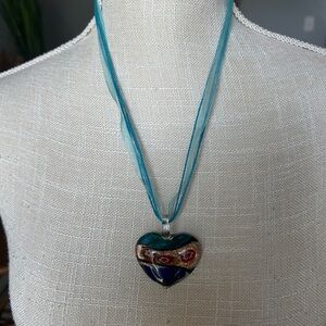 Glass Heart Pendant Necklace with Blue and Gold Accents